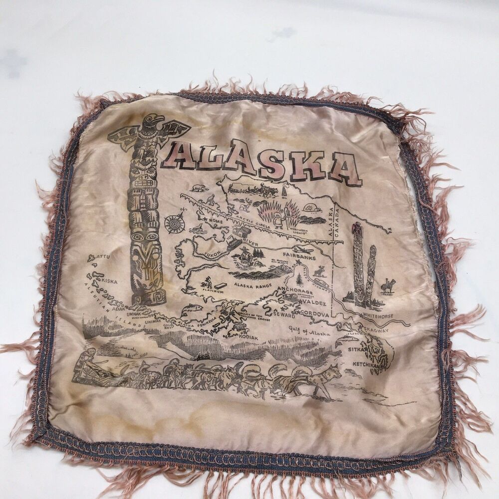 Vintage Silk Souvenir PILLOW COVER Alaska  Fringed 1950s Distressed